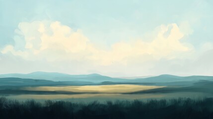 Fototapeta premium Expansive Landscape with Sunlight Breaking Through Clouds Over Rolling Hills 