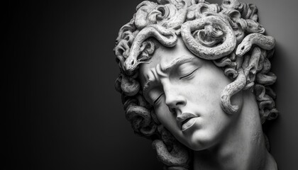 Classical Sculpture of Medusa's Head with Intense Expression in Gray Stone