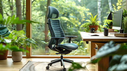 An ergonomic office chair in a home workspace with large windows, surrounded by lush green plants and natural light, promoting productivity