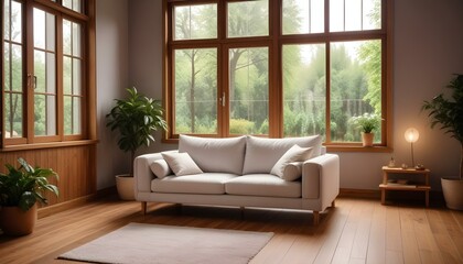 Interior mockup In a white room a blue sofa is placed next to a photo frame on the wall