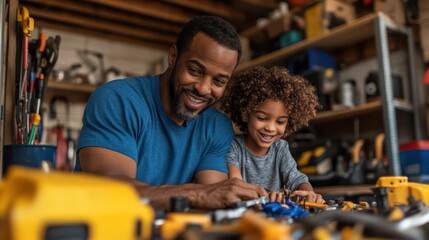 Fototapeta premium A multicultural family organizing the garage, sorting tools and toys with teamwork and efficiency.