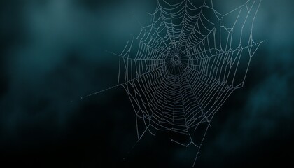 Cobweb on Dark Background with Dew Drops Glowing in Low Light