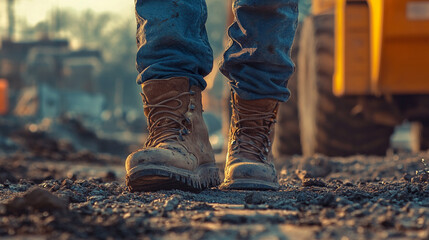 Construction worker walking on a rough site at sunset, wearing sturdy boots amidst machinery and dirt