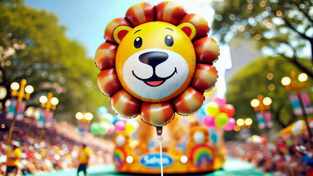 balloon shaped like a happy lion, against a bright blurred background