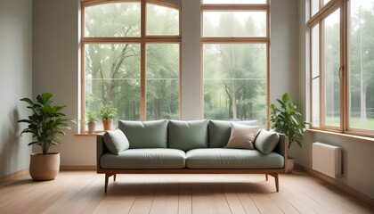 Interior mockup In a white room a blue sofa is placed next to a photo frame on the wall