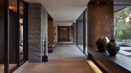 Modern Interior Hallway Design with Wood and Stone in a High-End Home