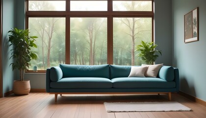 Interior mockup In a white room a blue sofa is placed next to a photo frame on the wall