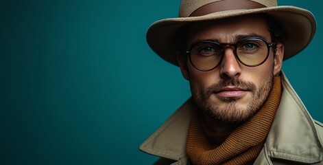 A stylish man dressed as a 1980s Miami detective, perfect for Halloween promotions and themed events, with copy space.