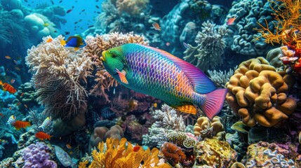 Obraz premium Vibrant Coral Reef with Colorful Parrotfish