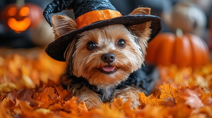 A cute Yorkshire Terrier wearing a witch hat, surrounded by autumn leaves and Halloween decorations, perfect for festive designs and greetings with copy space.