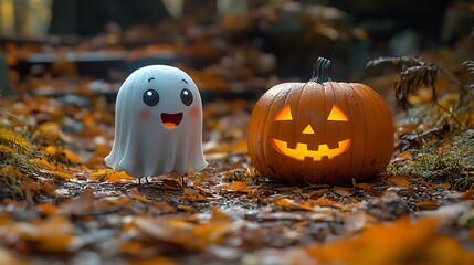 A cute Halloween scene featuring a smiling ghost next to a jack-o'-lantern, perfect for festive decorations and themed events with copy space.
