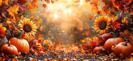 A vibrant autumn landscape featuring pumpkins, sunflowers, and falling leaves, perfect for Halloween greeting cards or festive banners with copy space.