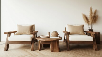 Bright and Airy Living Room in High Resolution 3D Render Featuring Wooden Armchairs, White Sofa, Parquet Floor, and Arched Shelf with Decorative Items, Creating a Calm and Cozy Atmosphere