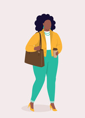 One Curvy Black Woman In Business Casual Carrying A Bag And Holding A Cup Of Coffee, She Is On Her Way To Work.