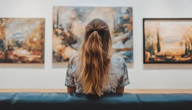 Woman Admiring Art in Gallery.