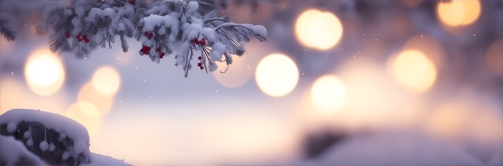 Frosty tree branches covered with snow and blurred bokeh lights in the background
