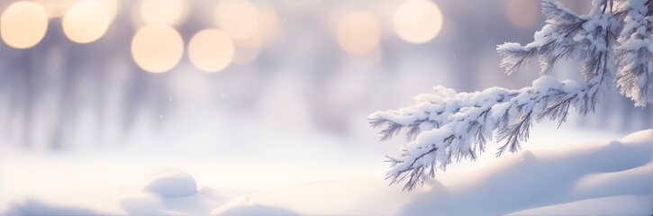 Snow-covered tree branches with soft focus and bokeh lights in the background