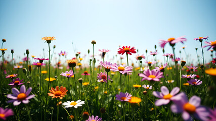 A vibrant field of blooming wildflowers under a clear blue sky