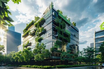 Sustainable glass office building with green environment reduces CO2.