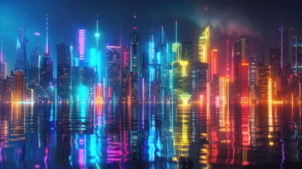 Naklejka premium Night City Skyline with Bright Lights and Skyscrapers