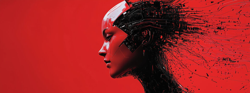 A red background with the head of an android in profile, half disintegrating and falling apart. There are broken parts coming out from its face. It has wires going into its neck