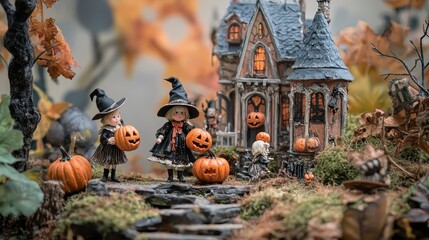 Obraz premium Enchanting Haunted Halloween Cottage in Autumnal Forest Landscape