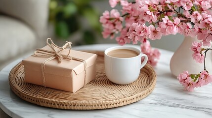 Top view of a wicker tray with a gift box, flowers, and a coffee cup on a marble table for Mother's Day breakfast.