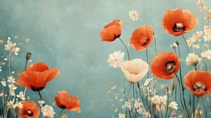 Obraz premium Floral Teal Pattern, Bright teal background adorned with vibrant orange poppies and delicate light flowers, creating a lively and cheerful floral design