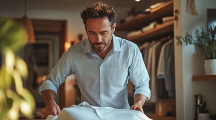 A man ironing a shirt in the morning, preparing his wardrobe with care and precision.