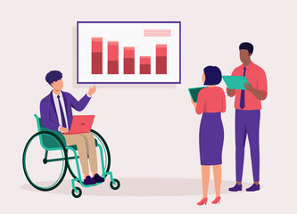 Disabled Man Worker In Wheelchair Giving A Business Presentation To His Colleagues.