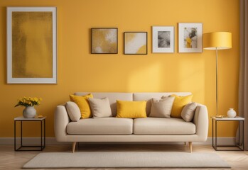 Beige sofa with yellow pillows and two side tables with lamps against vibrant yellow wall with poster frame. Classic home interior design of modern living room