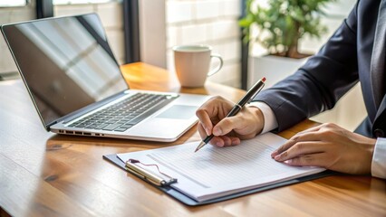 Hands Hold A Pen Poised Over A Job Application Form With A Laptop And Office Supplies In The Background.