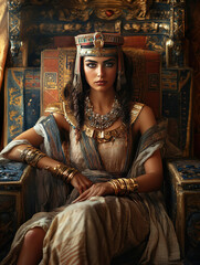 Regal Portrait of Cleopatra Sitting on Her Ornate Throne in Royal Attire