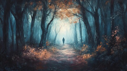Fototapeta premium Mysterious Autumn Forest Path Leads Into Moody Ethereal Woodland