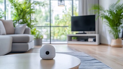 Modern living room setup with a smart camera for remote monitoring and home security