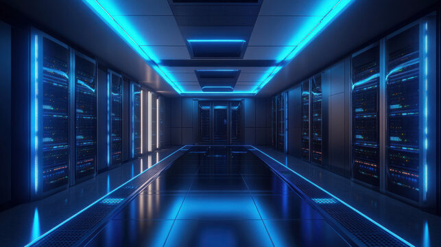 Futuristic Server Room,  Modern server room featuring illuminated blue lights, shiny reflective floors, and organized rows of sleek server racks