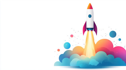Rocket icon,  Stylized 2D illustration featuring a sleek rocket with vibrant colors, ascending into the sky, leaving a trail of smoke, set against a stark white backdrop, perfect
