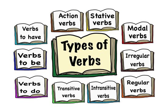 Hand drawn picture of books about Types of Verbs. Illustration for education.Concept English grammar teaching. Different types of verbs lesson. Teaching aid for teacher and students. Learning language