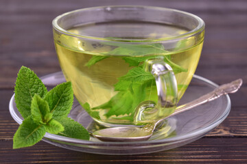 Mint tea in transparent cups. Close-up. Medicinal drink.

