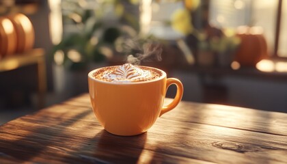 Fototapeta premium Cup with Spiced Up Coffee and Cinnamon in Rustic Warm Setting
