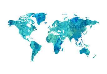 Blue teal watercolor world map. Travel destination illustration. Vacation art.