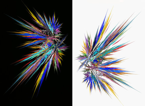 Multicolored rays of flashes diverge radially on white and black backgrounds. Set of abstract fractal backgrounds. Two backgrounds in one. 3D rendering. 3D illustration.