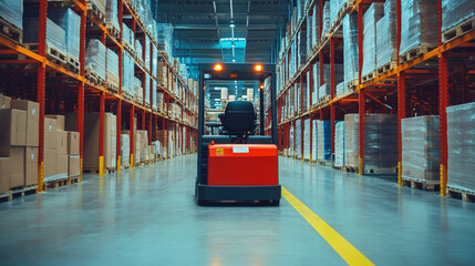 Fototapeta premium Pallet Truck: A wheeled, motorized vehicle designed to lift and transport palletized goods. It typically features a fork mechanism that can be lowered or raised to handle different pallet heights. 