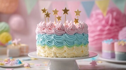 A colorful cake with stars on top sits on a white plate. The cake is decorated with pink, blue, and yellow frosting, and the stars are made of gold. The cake is surrounded by other desserts