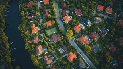 Aerial view of a residential neighborhood with houses, trees, and a river.