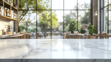 Fototapeta premium Marble Table Top, A clean white marble table top with a blurred glass window view, perfect for showcasing your products in a cafe or restaurant setting