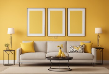 Beige sofa with yellow pillows and two side tables with lamps against vibrant yellow wall with poster frame. Classic home interior design of modern living room