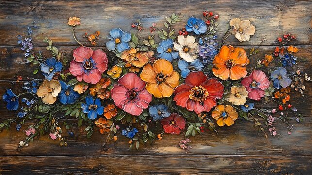 A tole painting on a wooden panel, depicting a colorful bouquet of wildflowers and vines with fine brushstrokes and vivid details