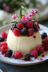 Cream Dessert,  A close-up view of a cream-colored dessert garnished with fresh berries, beautifully arranged and ready to serve