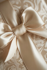 Cream Ribbon Bow,  A close-up view of a cream-colored ribbon elegantly tied in a bow, resting atop a beautifully wrapped gift box